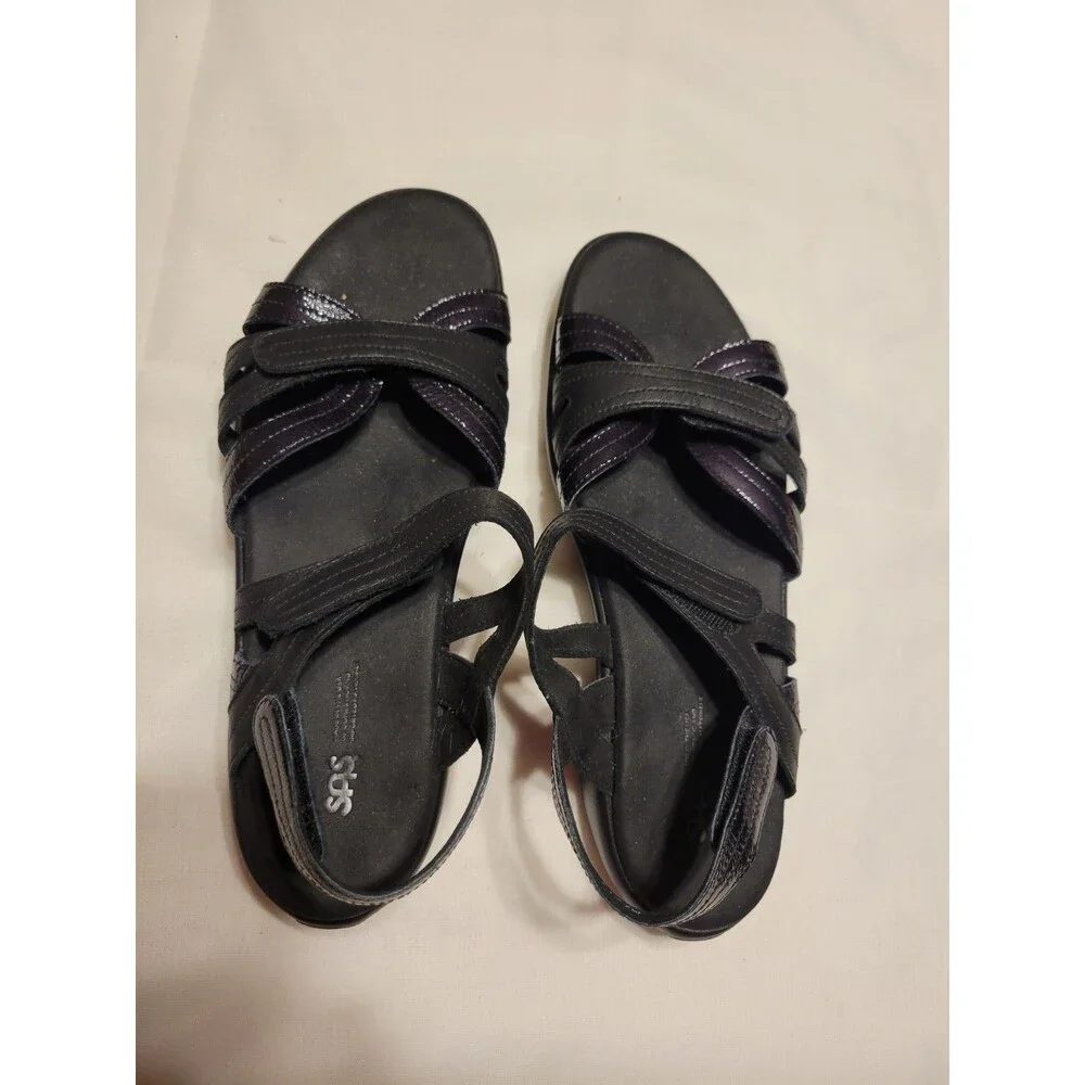 SAS Women's Black Leather Comfort Sandals Strappy Adjustable Hook and  Hoop 10 M